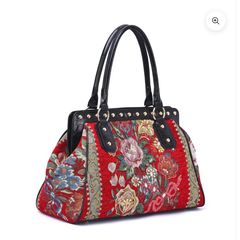 NWT Mellow World Satchel Red Black Floral Beaded Bag